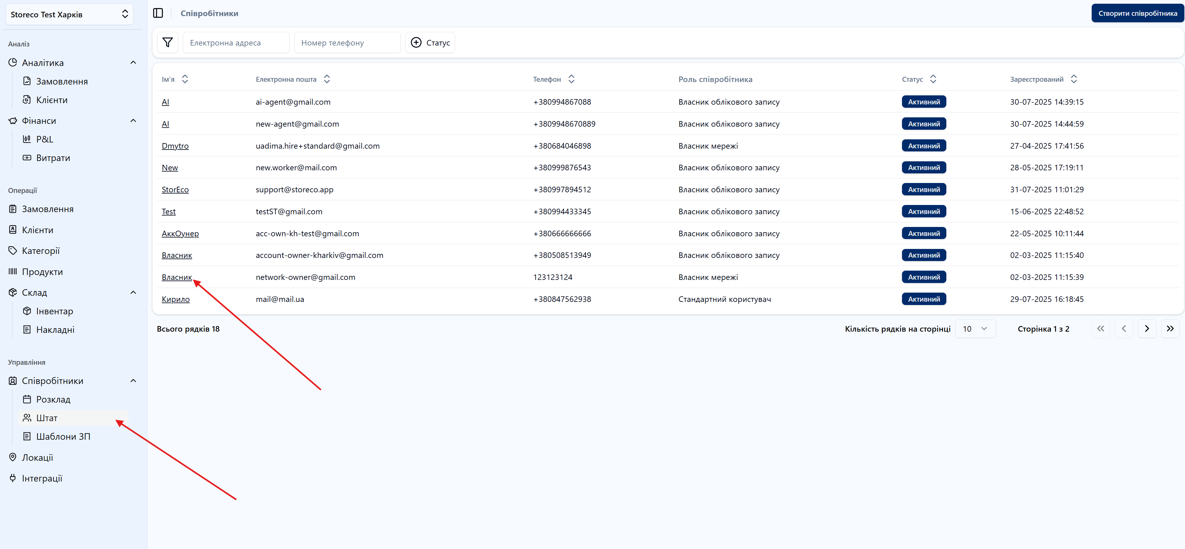 Скріншот: Розділ "Співробітники/Штат"
